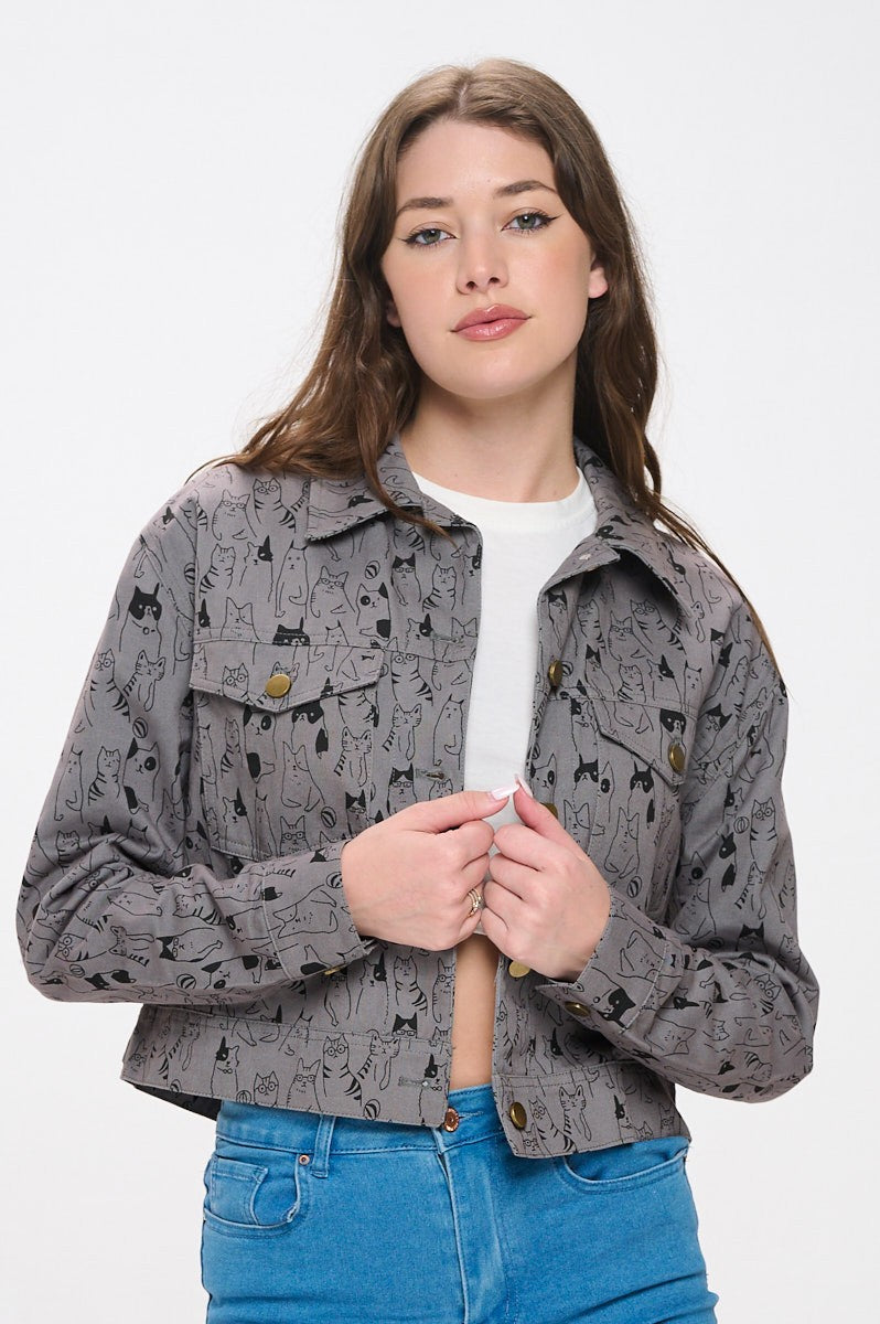 Cat Print Crop Jacket Gray