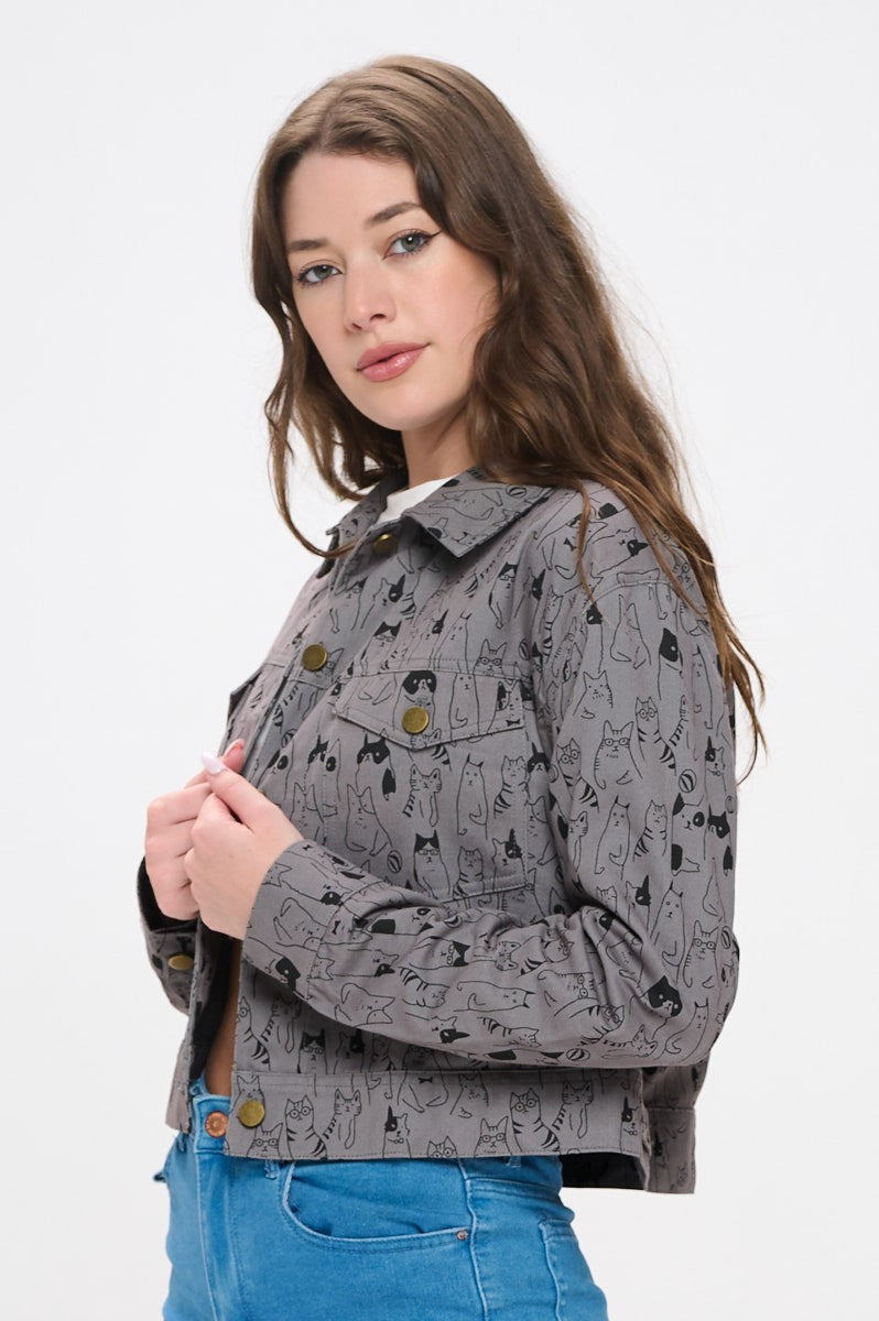 Cat Print Crop Jacket Gray