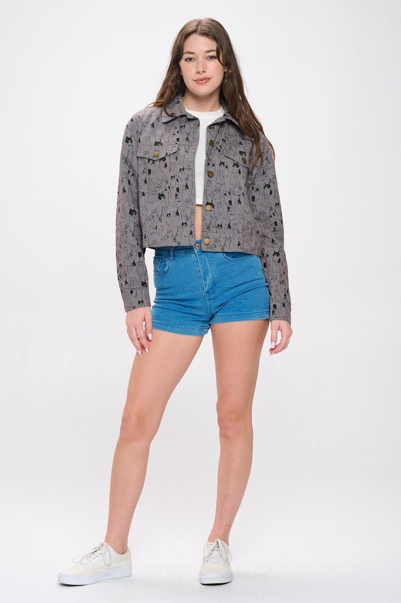 Cat Print Crop Jacket Gray