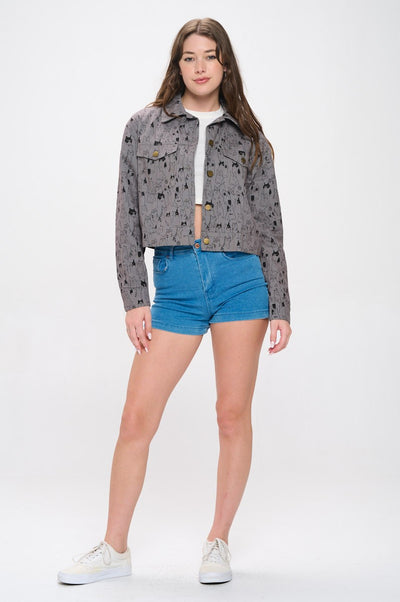 Cat Print Crop Jacket Gray