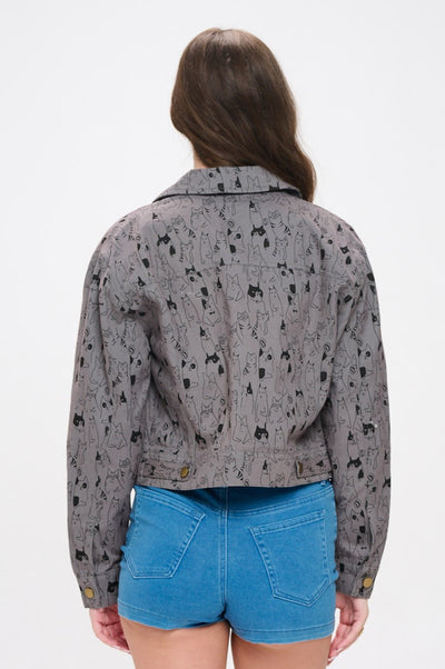 Cat Print Crop Jacket Gray