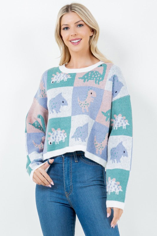 Dinosaur Block Crop Sweater Ivory