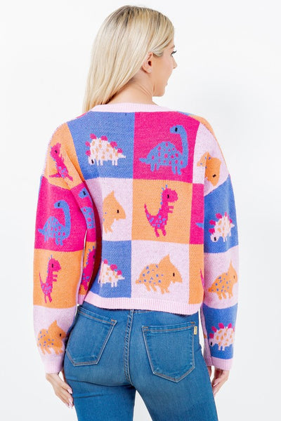 Dinosaur Block Crop Sweater Pink