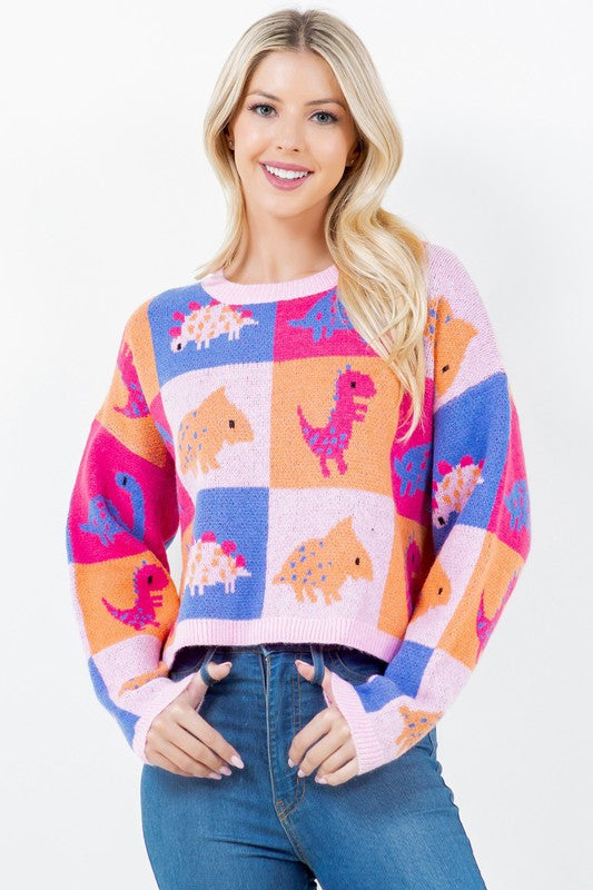 Dinosaur Block Crop Sweater Pink