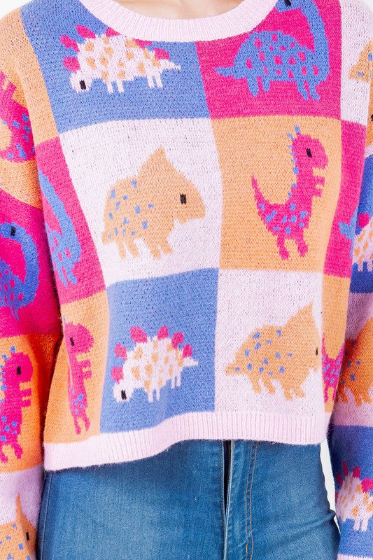 Dinosaur Block Crop Sweater Pink