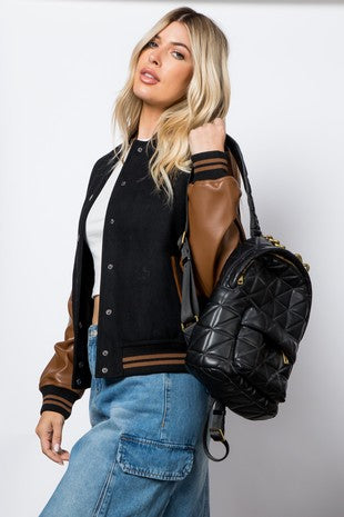 Faux Leather Sleeves Varsity Jacket