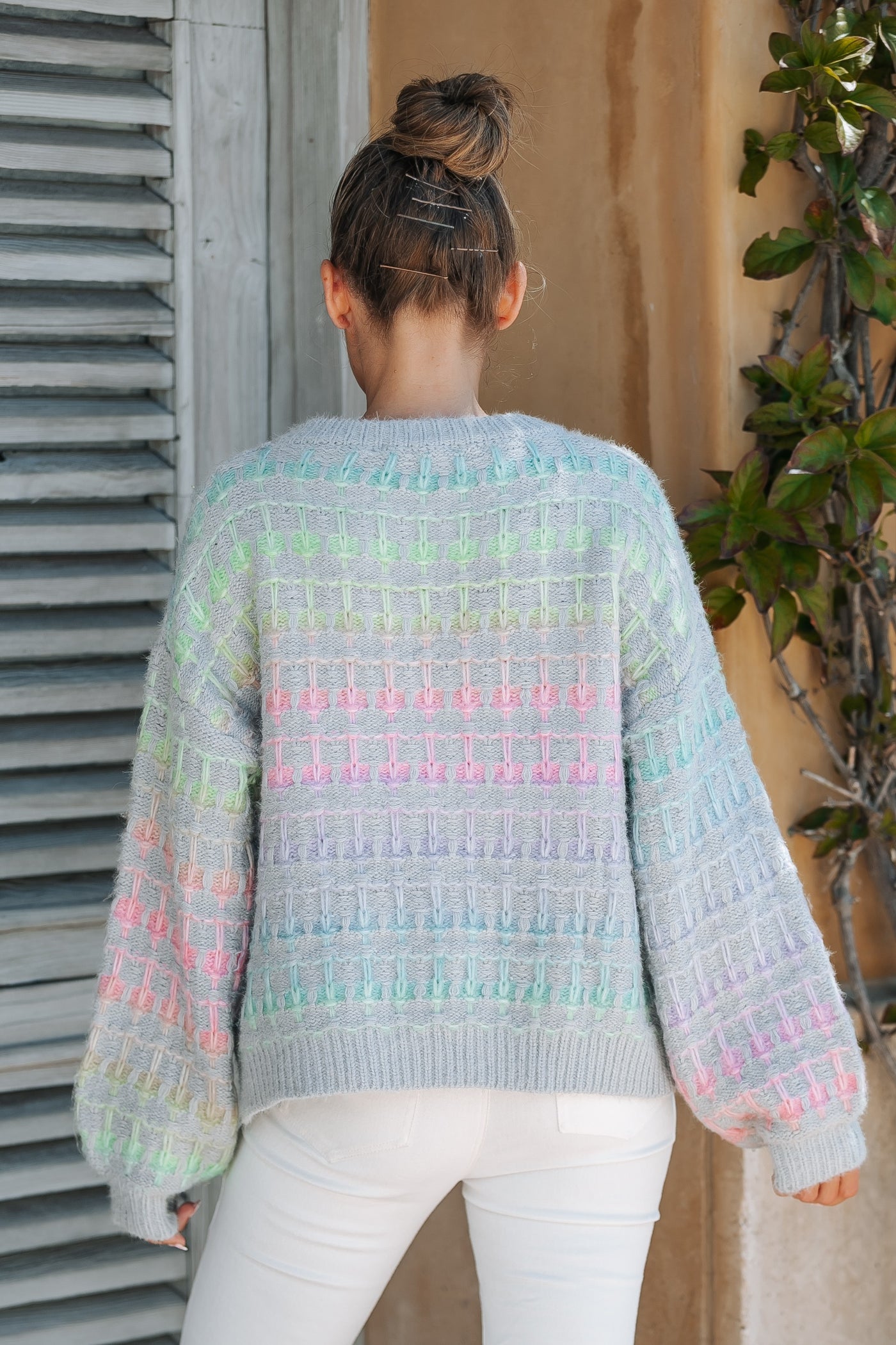 Rainbow Grid Gray Sweater